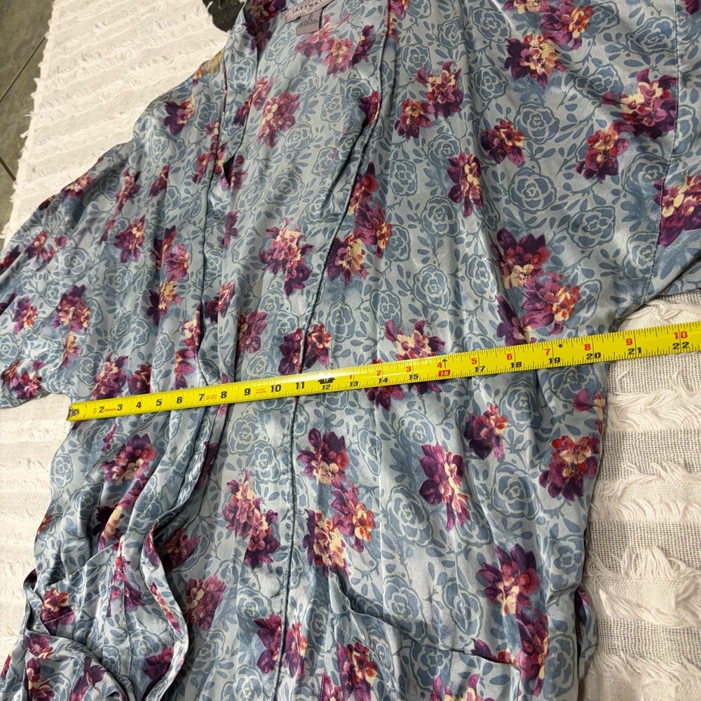 100% Silk Kimono Robe - M Blue Floral Boho Peasant Cottagecore Vacay Beachy - Picture 9 of 10